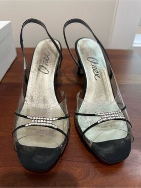 Black Slingback Heels with Clear Straps and Rhinestone Accent